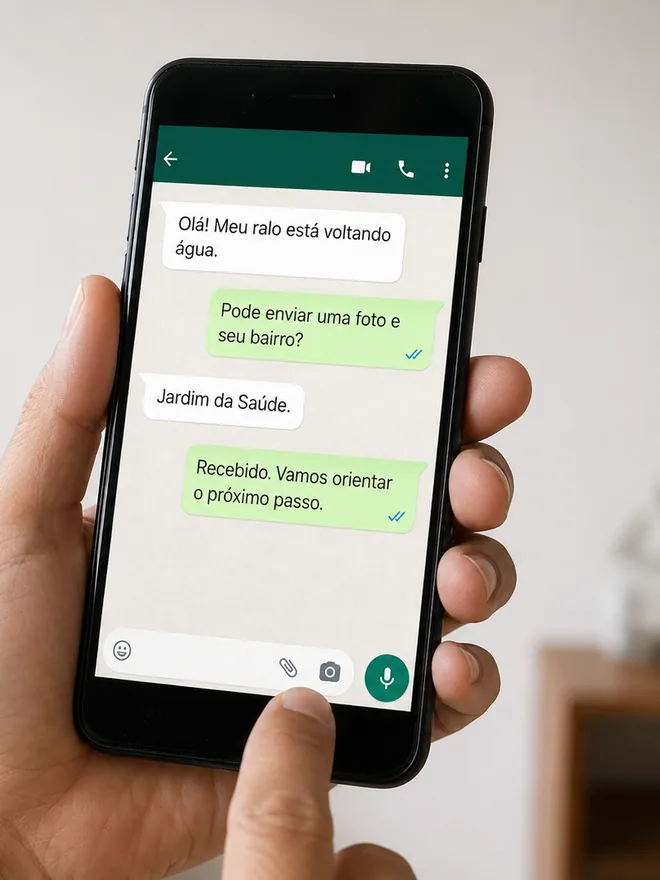 Atendimento inicial pelo WhatsApp com envio de foto e localização do problema