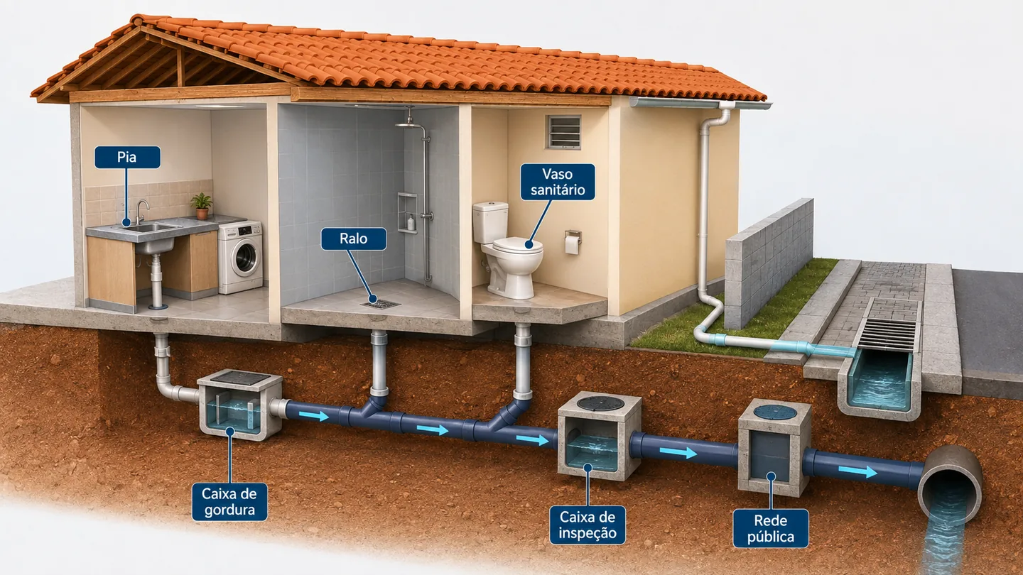 Diagrama de uma casa mostrando o caminho da tubulação: pia, ralo e vaso ligam na caixa de gordura e na caixa de inspeção até a rede pública