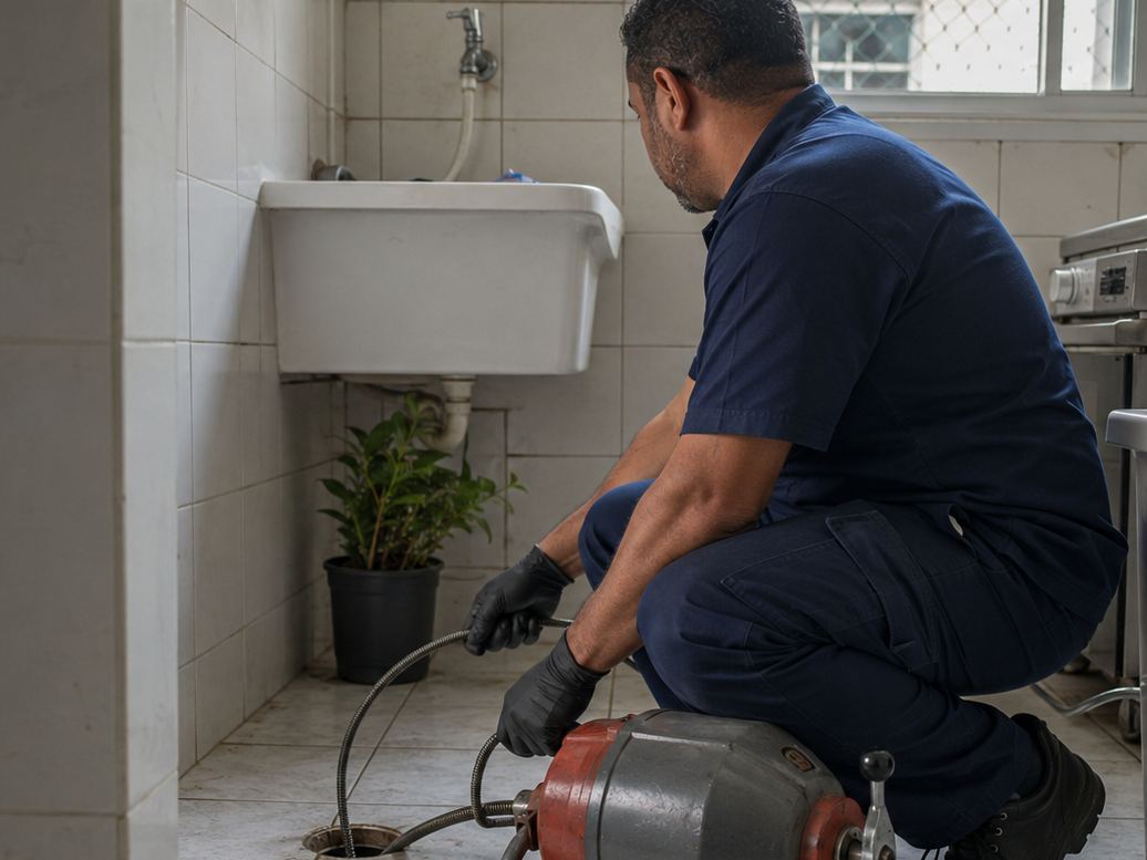 Técnico utilizando máquina profissional para desentupimento residencial