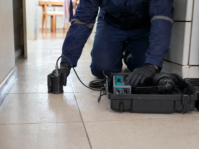 Detecção eletrônica de vazamento com equipamento acústico no piso