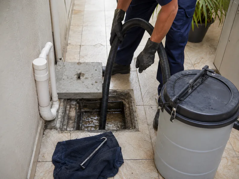 Limpeza profissional de caixa de gordura com equipamento de sucção