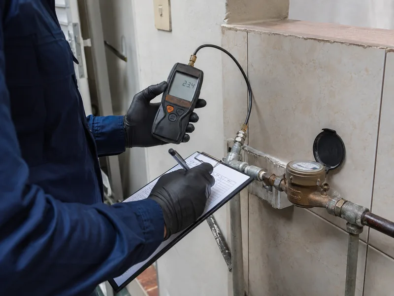 Técnico realizando medição hidráulica e registrando dados para elaboração de laudo