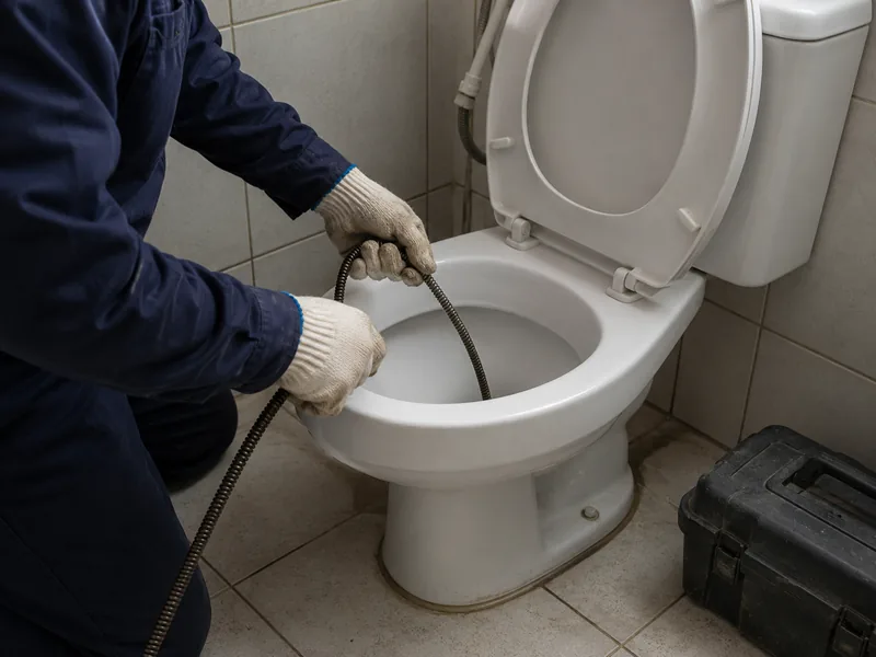 Técnico realizando desentupimento profissional de vaso sanitário